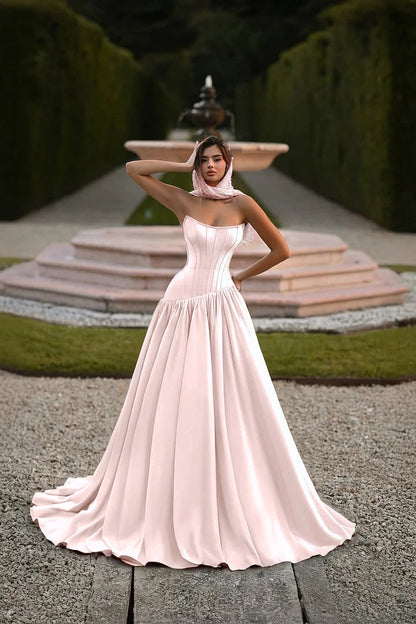 Elegant Baby Blue Strapless Prom Dress Sleeveless A-Line Floor Length Satin