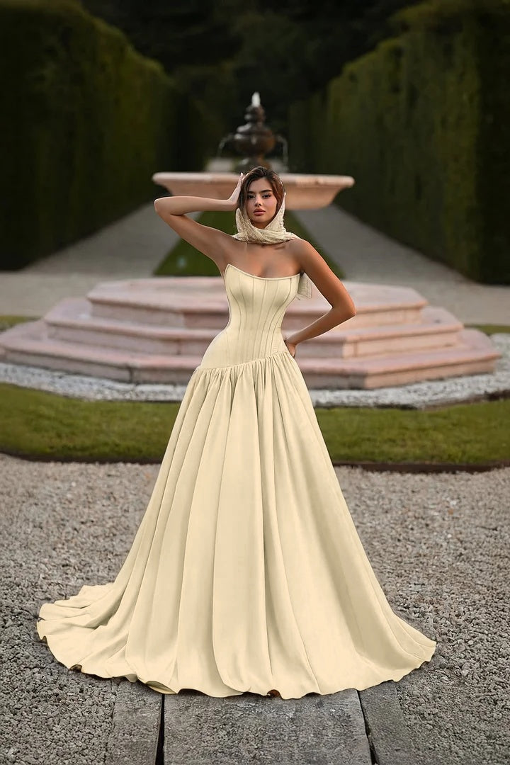 Elegant Baby Blue Strapless Prom Dress Sleeveless A-Line Floor Length Satin