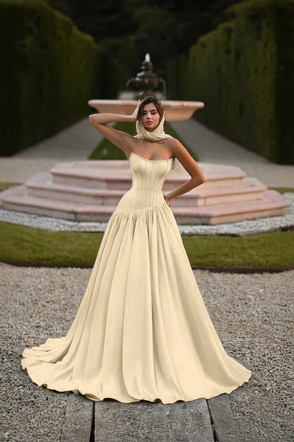 Elegant Baby Blue Strapless Prom Dress Sleeveless A-Line Floor Length Satin