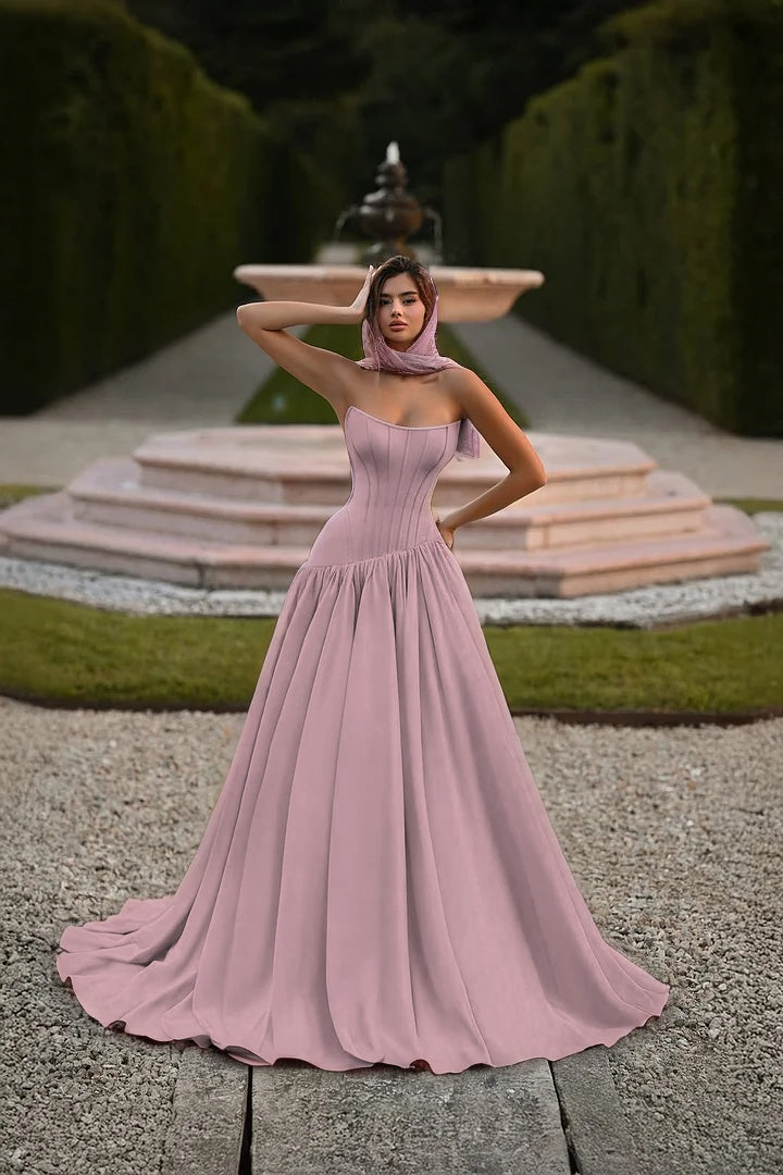Elegant Baby Blue Strapless Prom Dress Sleeveless A-Line Floor Length Satin