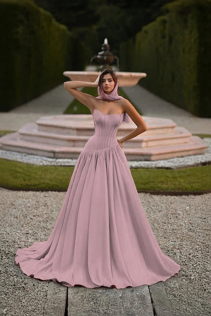 Elegant Baby Blue Strapless Prom Dress Sleeveless A-Line Floor Length Satin