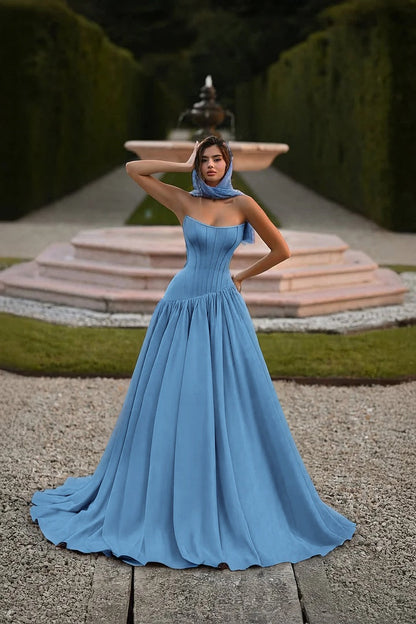 Elegant Baby Blue Strapless Prom Dress Sleeveless A-Line Floor Length Satin