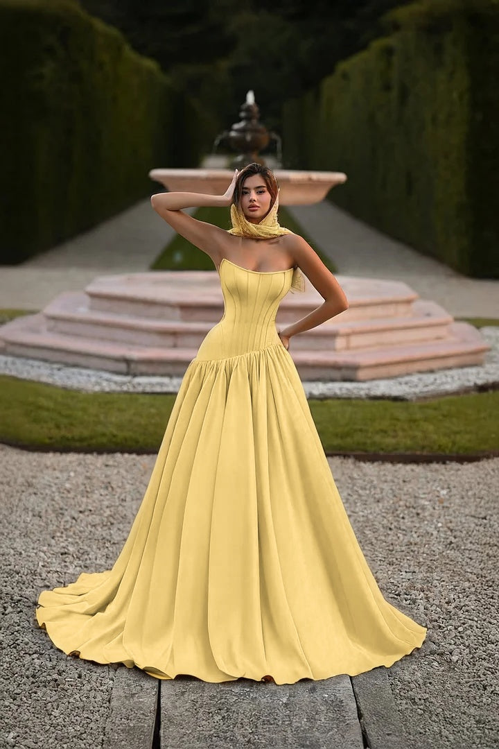 Elegant Baby Blue Strapless Prom Dress Sleeveless A-Line Floor Length Satin