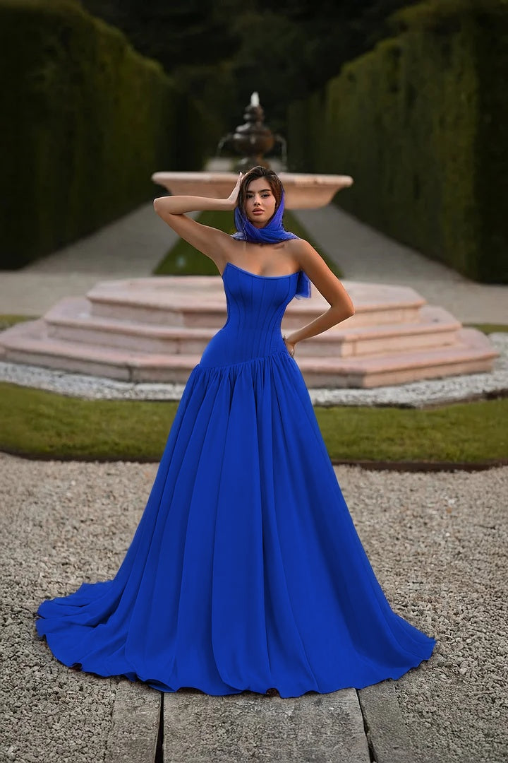Elegant Baby Blue Strapless Prom Dress Sleeveless A-Line Floor Length Satin