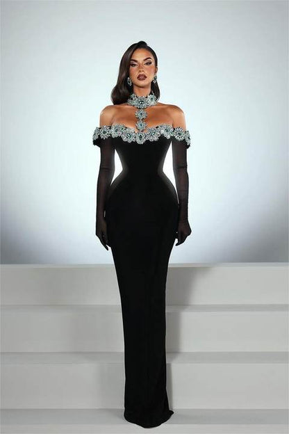 Elegant Black Half Sleeves Mermaid Prom Dress withstones