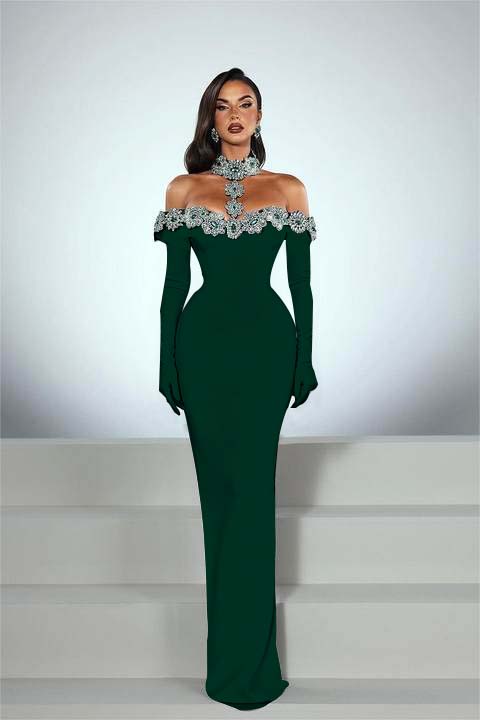 Elegant Black Half Sleeves Mermaid Prom Dress withstones