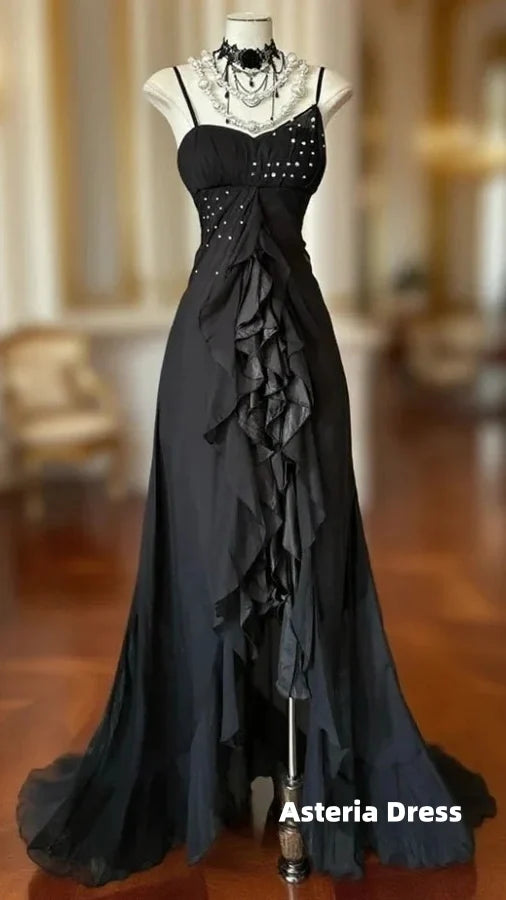 Elegant Black Spaghetti Strap Mermaid Chiffon Formal Prom Dress