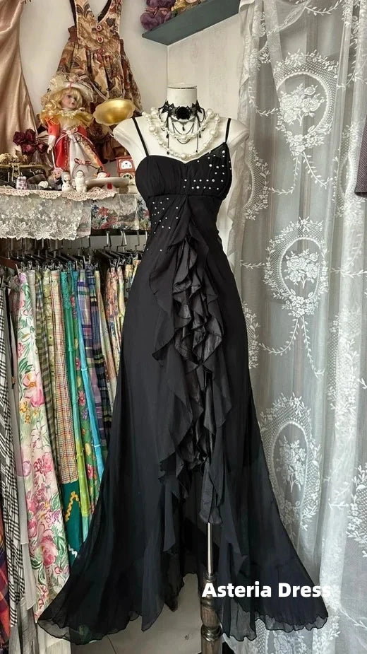 Elegant Black Spaghetti Strap Mermaid Chiffon Formal Prom Dress