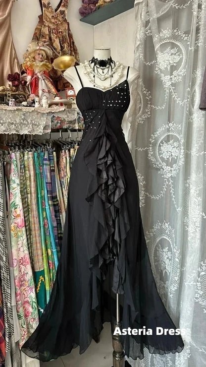 Elegant Black Spaghetti Strap Mermaid Chiffon Formal Prom Dress