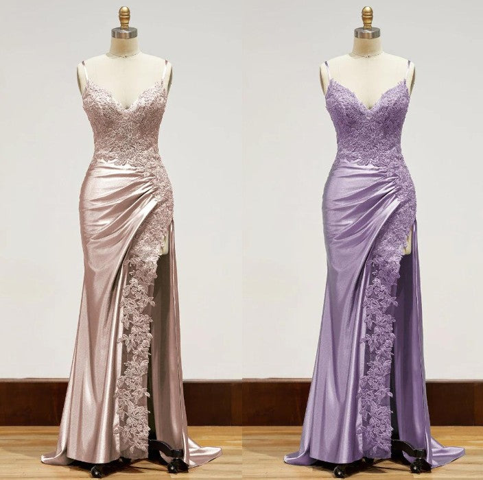 Elegant Spaghetti Straps Prom Dress Black SatinSheath &nbsp;Appliques Long Formal Evening with Slits&nbsp;