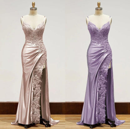 Elegant Spaghetti Straps Prom Dress Black SatinSheath &nbsp;Appliques Long Formal Evening with Slits&nbsp;