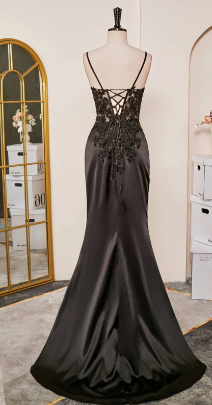 Elegant Spaghetti Straps Prom Dress Black SatinSheath  Appliques Long Formal Evening with Slits
