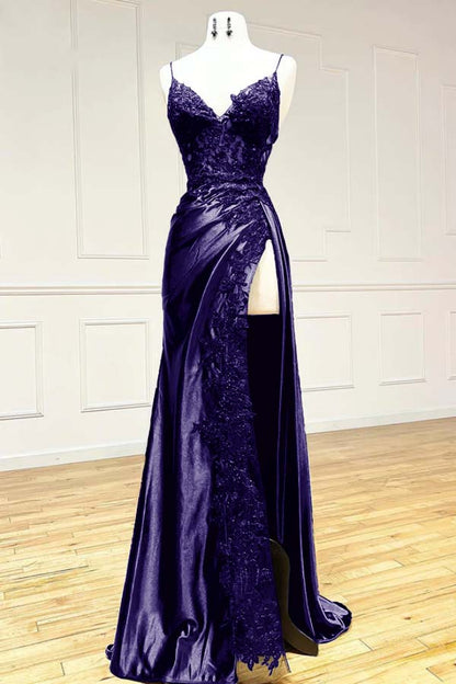 Elegant Spaghetti Straps Prom Dress Black SatinSheath  Appliques Long Formal Evening with Slits