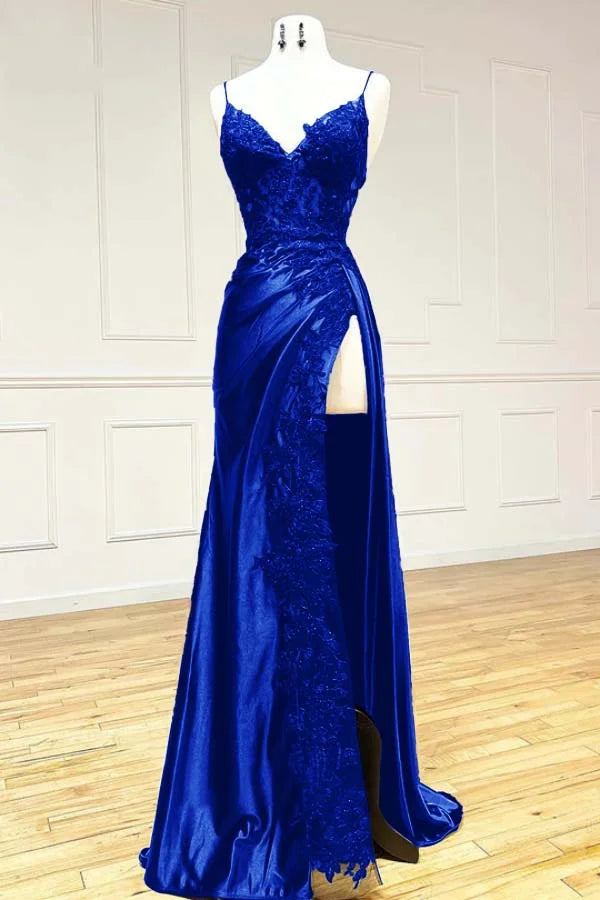 Elegant Spaghetti Straps Prom Dress Black SatinSheath  Appliques Long Formal Evening with Slits