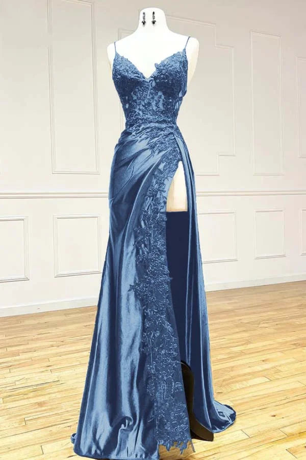 Elegant Spaghetti Straps Prom Dress Black SatinSheath &nbsp;Appliques Long Formal Evening with Slits&nbsp;