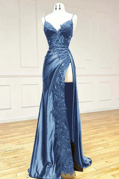 Elegant Spaghetti Straps Prom Dress Black SatinSheath &nbsp;Appliques Long Formal Evening with Slits&nbsp;