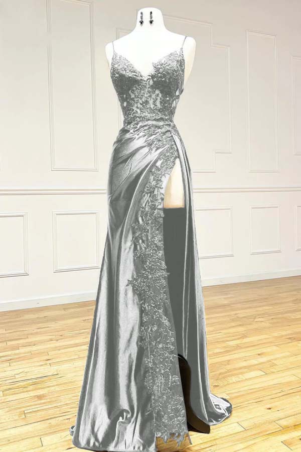 Elegant Spaghetti Straps Prom Dress Black SatinSheath &nbsp;Appliques Long Formal Evening with Slits&nbsp;