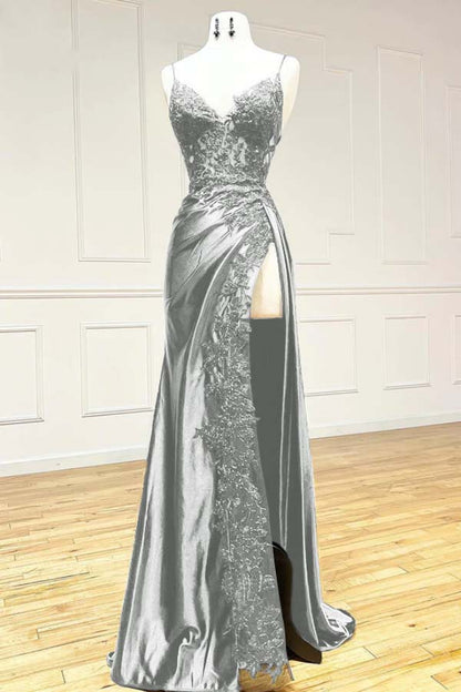 Elegant Spaghetti Straps Prom Dress Black SatinSheath &nbsp;Appliques Long Formal Evening with Slits&nbsp;
