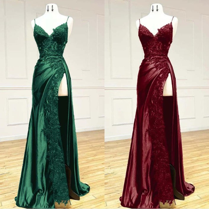 Elegant Spaghetti Straps Prom Dress Black SatinSheath &nbsp;Appliques Long Formal Evening with Slits&nbsp;