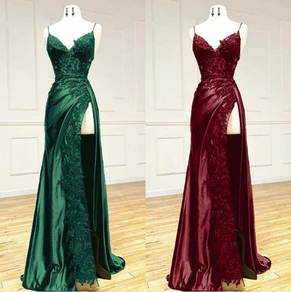Elegant Spaghetti Straps Prom Dress Black SatinSheath &nbsp;Appliques Long Formal Evening with Slits&nbsp;