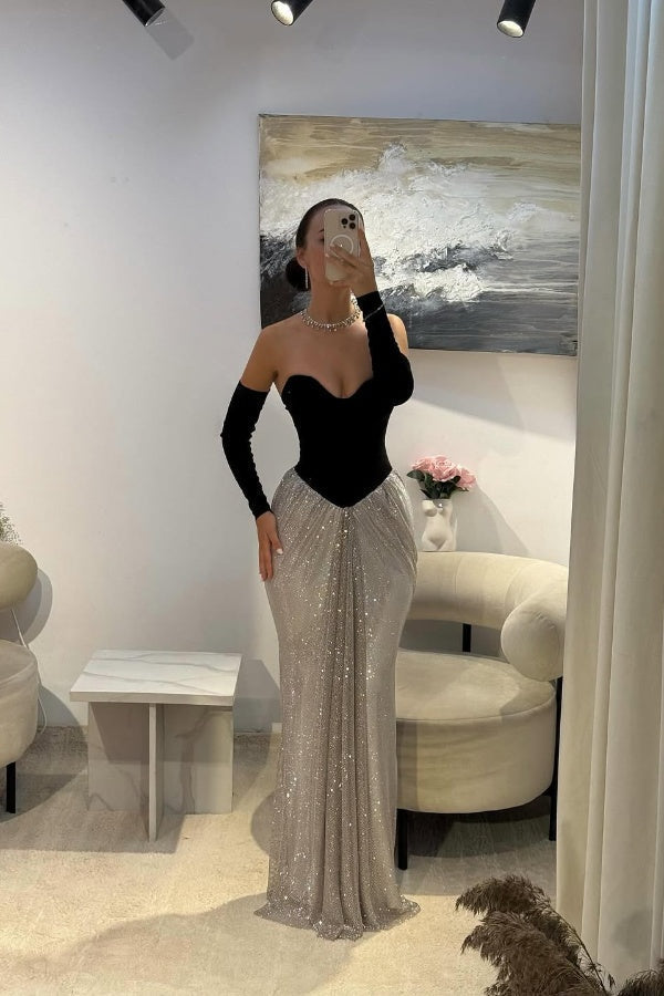 Elegant Black Strapless Sweetheart Mermaid Prom Dress Pleated with Sequins