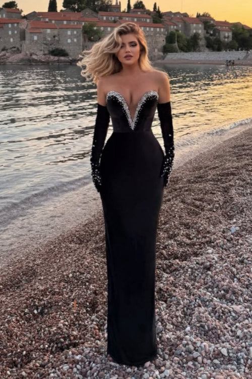 Elegant Black Strapless Sweetheart mermaid Prom Dress with Sequins