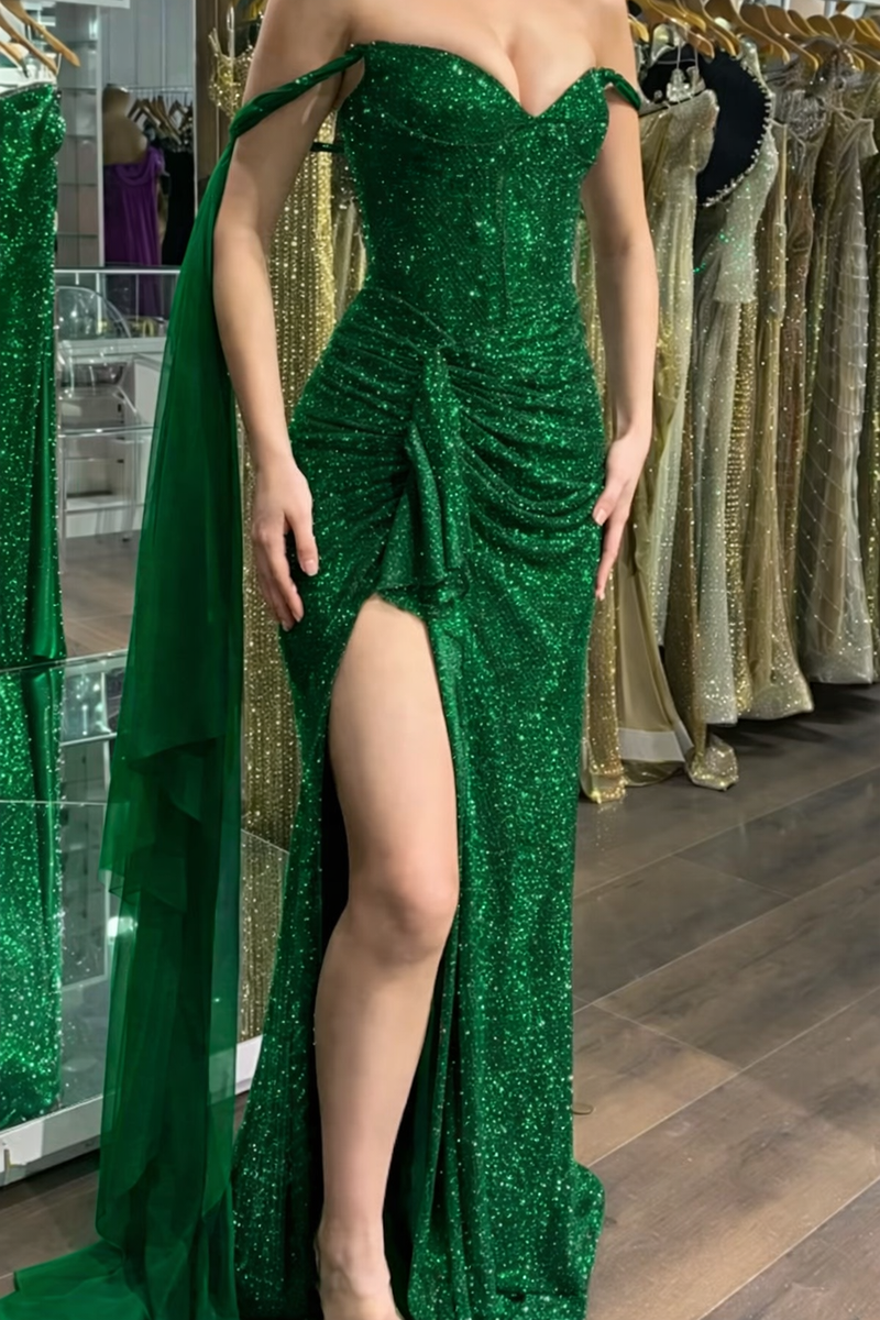 Elegant Burgundy Sheath Long Prom Dresses Glitter Tulle Diamonds Off-shoulder Evening Dresses with Slits