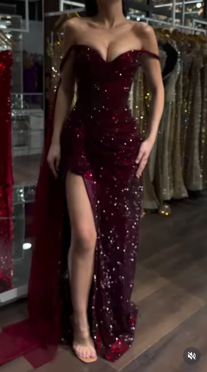 Elegant Burgundy Sheath Long Prom Dresses Glitter Tulle Diamonds Off-shoulder Evening Dresses with Slits