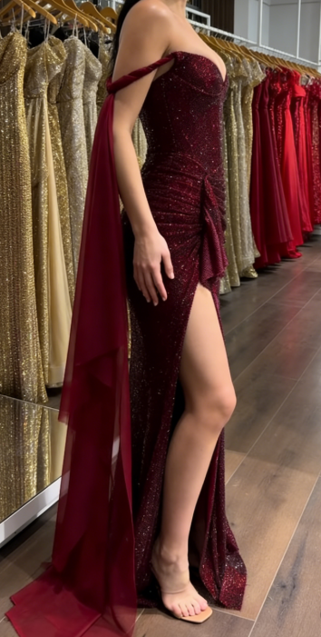 Elegant Burgundy Sheath Long Prom Dresses Glitter Tulle Diamonds Off-shoulder Evening Dresses with Slits