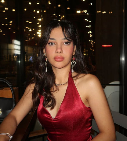 Elegant Burgundy V-neck Halter Satin A-line Birthday Short Skirt Homecoming Dress