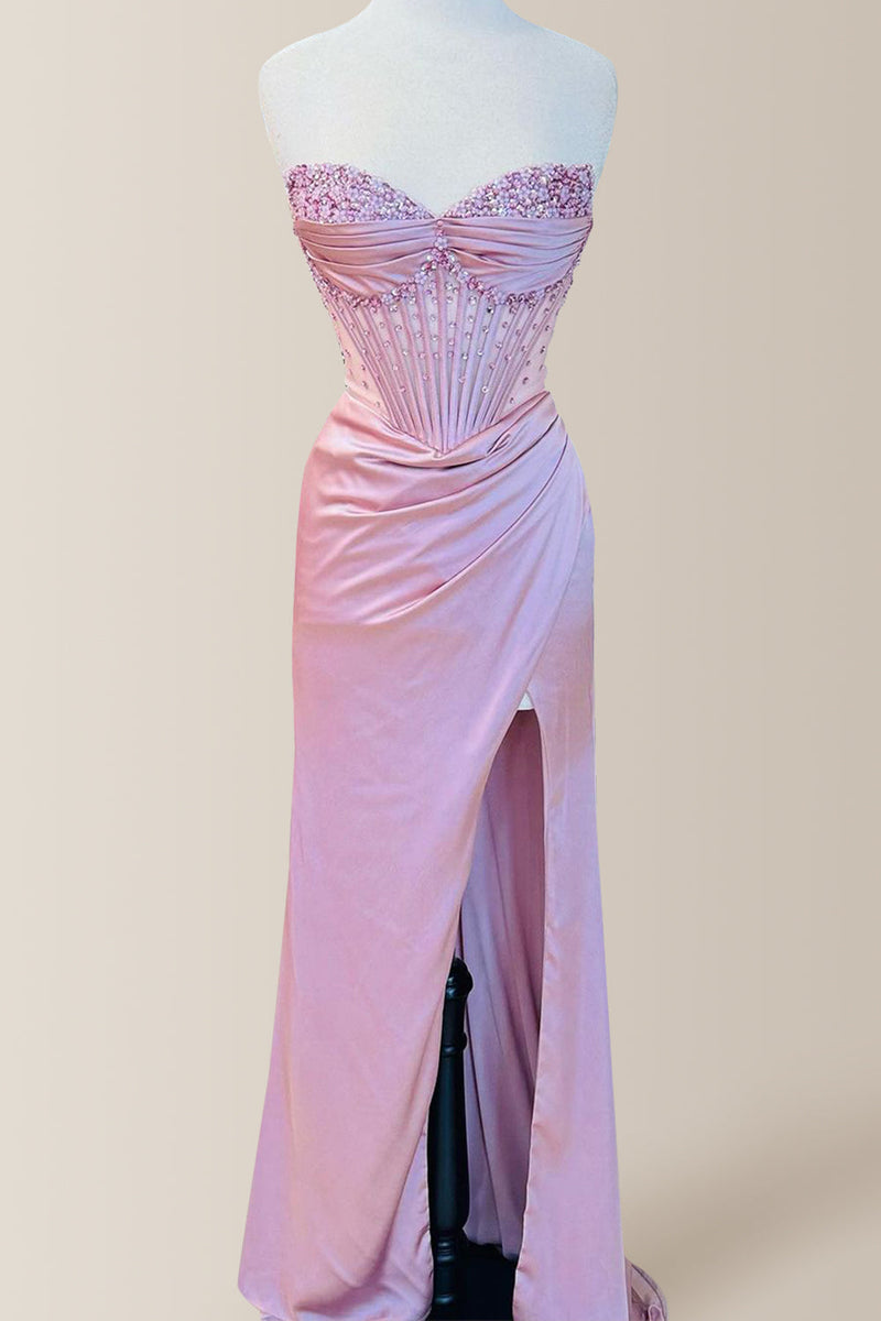 Elegant Dusty Blue Strapless Long Mermaid Satin Prom Dress With Beading