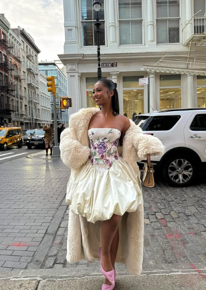 Elegant Embroidered Ivory Strapless Satin Flower Bud Birthday Dress Homecoming Dress