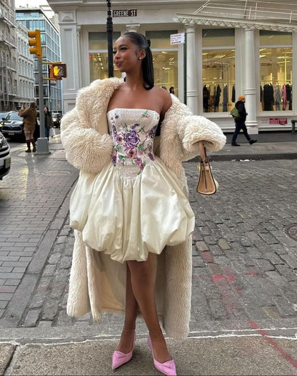 Elegant Embroidered Ivory Strapless Satin Flower Bud Birthday Dress Homecoming Dress