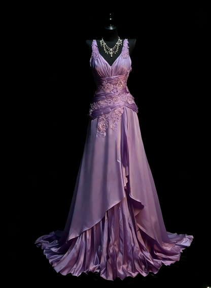 Elegant Grape Long Prom Dresses Satin V-neck A-line Evening Dresses Appliques Sleeveless Formal Dresses