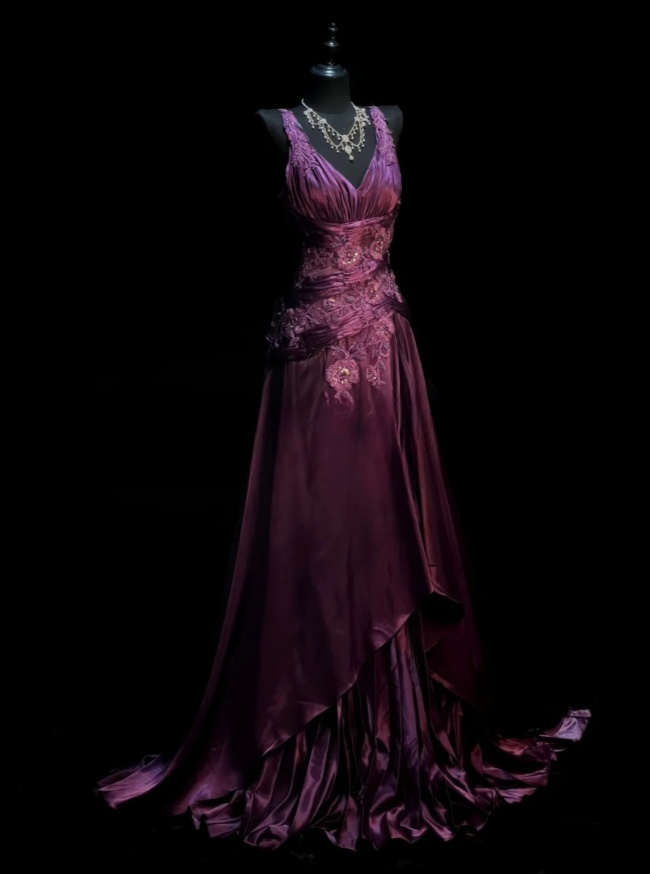 Elegant Grape Long Prom Dresses Satin V-neck A-line Evening Dresses Appliques Sleeveless Formal Dresses