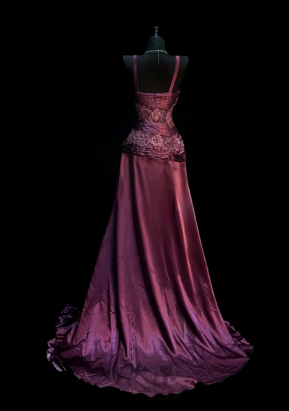 Elegant Grape Long Prom Dresses Satin V-neck A-line Evening Dresses Appliques Sleeveless Formal Dresses