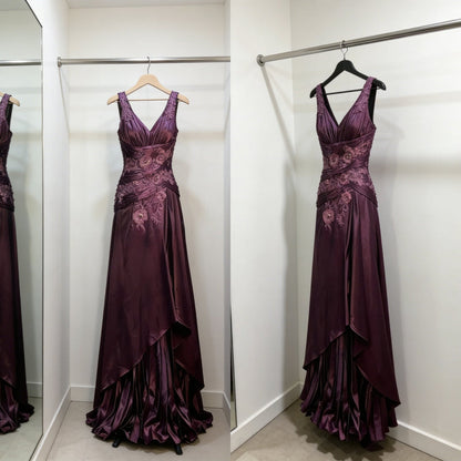 Elegant Grape Long Prom Dresses Satin V-neck A-line Evening Dresses Appliques Sleeveless Formal Dresses