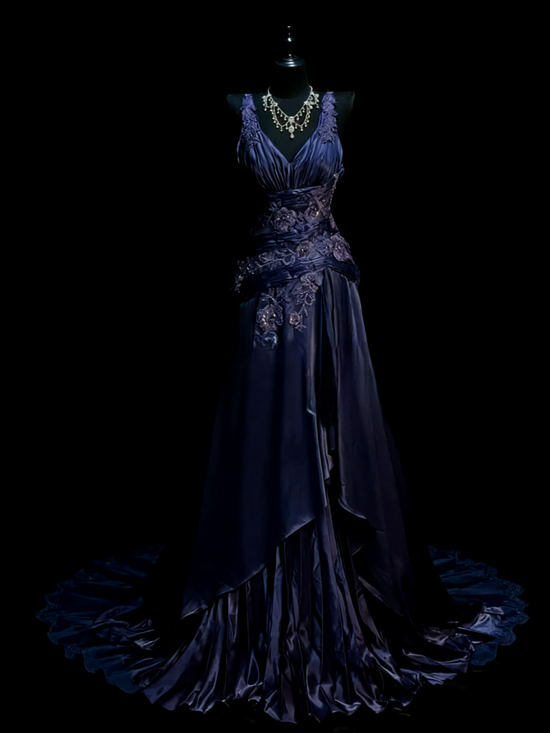 Elegant Grape Long Prom Dresses Satin V-neck A-line Evening Dresses Appliques Sleeveless Formal Dresses