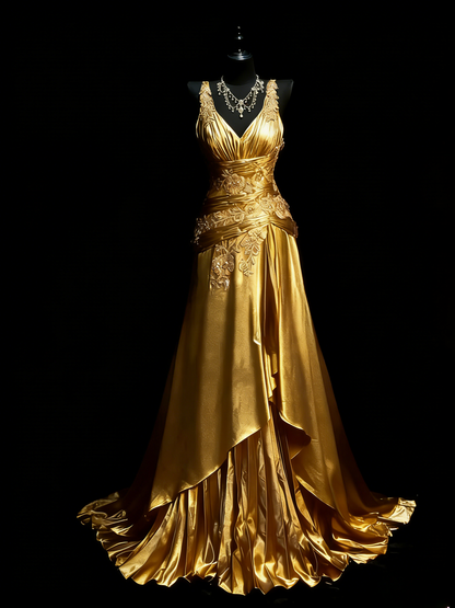 Elegant Grape Long Prom Dresses Satin V-neck A-line Evening Dresses Appliques Sleeveless Formal Dresses