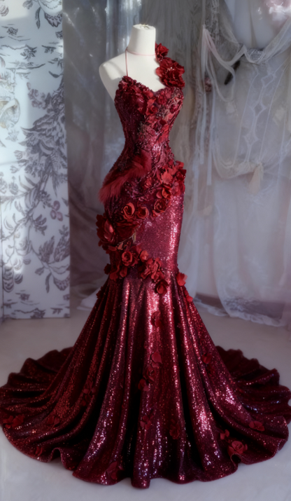 Elegant Halter Mermaid Burgundy Long Prom Dresses Sequin Burgundy Evening Dresses