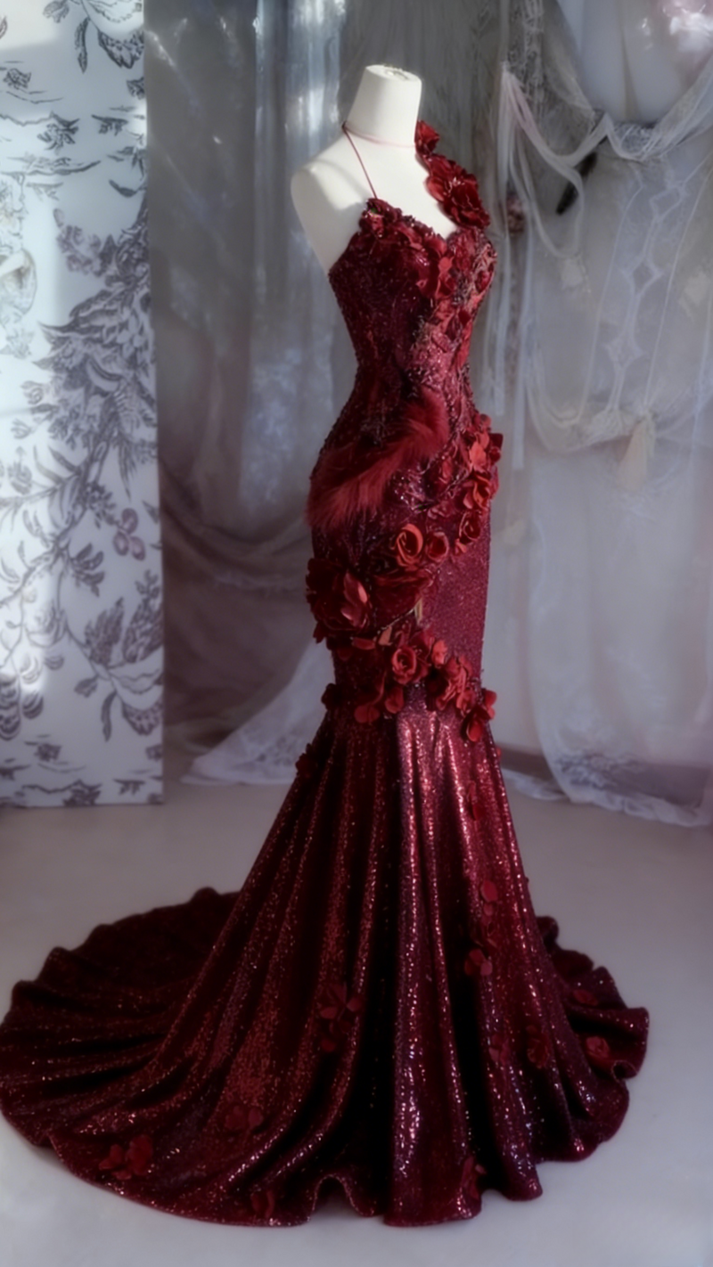 Elegant Halter Mermaid Burgundy Long Prom Dresses Sequin Burgundy Evening Dresses