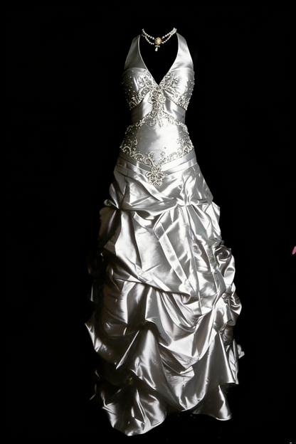 Elegant Halter Purple Long Prom Dresses Beaded Satin A-Line Birthday Dress
