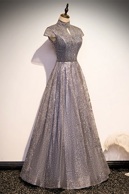 Elegant High Neck Grey Sequined Long Evening Dress