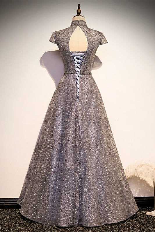 Elegant High Neck Grey Sequined Long Evening Dress