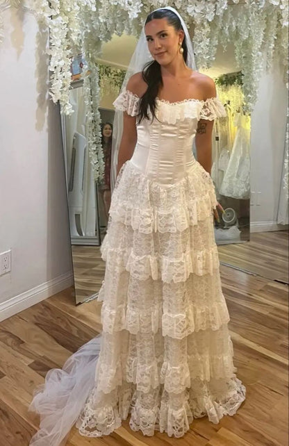 Elegant Ivory Off Shoulder Tulle Lace A-line Wedding Dress
