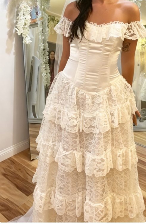 Elegant Ivory Off Shoulder Tulle Lace A-line Wedding Dress