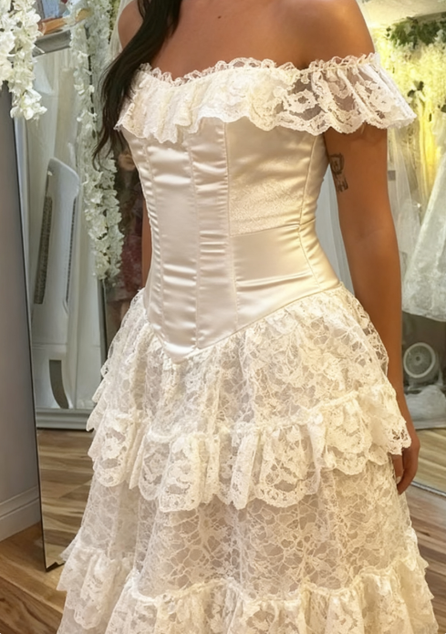 Elegant Ivory Off Shoulder Tulle Lace A-line Wedding Dress