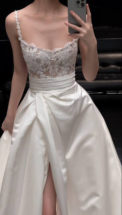 Elegant Long White Wedding Dress Spaghetti Straps A-Line Bridal Dress Satin Lace Sleeveless Bridal Gowns
