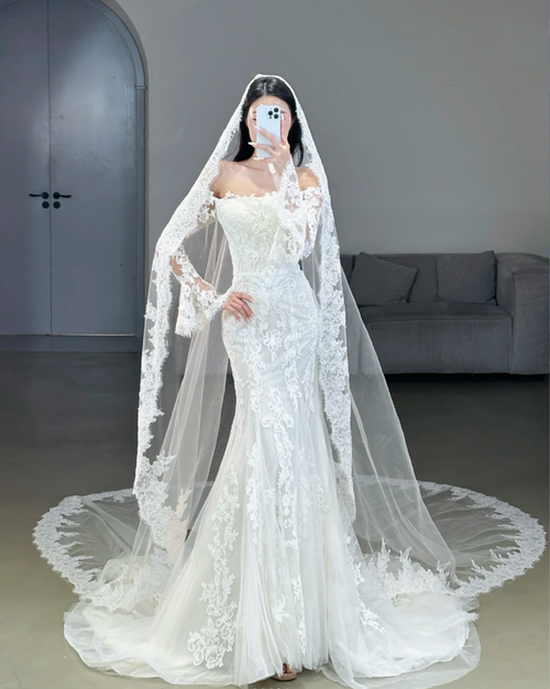 Elegant Memraid Long Wedding Dress Appliques Tulle White Bridal Gowns Off-shoulder Long Sleeves Bridal Dress