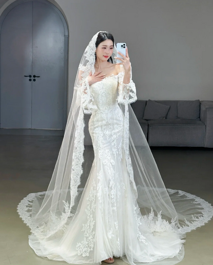 Elegant Memraid Long Wedding Dress Appliques Tulle White Bridal Gowns Off-shoulder Long Sleeves Bridal Dress